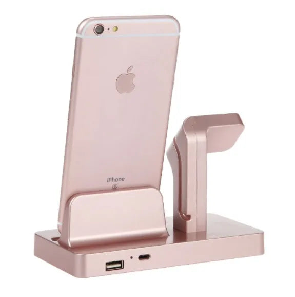 White 2-in-1 desktop charging dock station holding an iPhone and an Apple Watch.