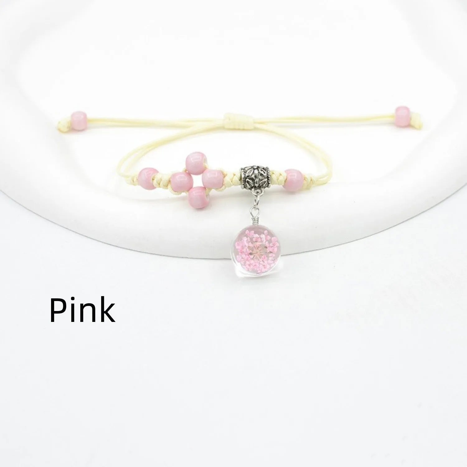 Glass dried flower bracelet with hand-woven lace and 1.4cm beads in multiple colour options