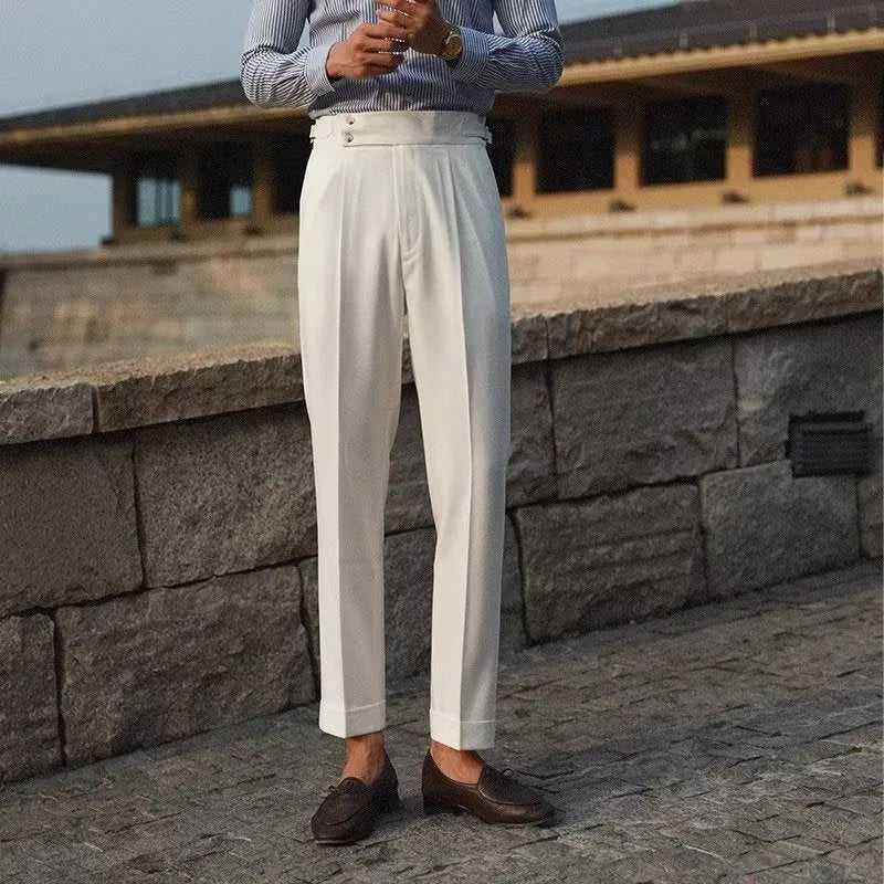 Men's slim fit straight leg formal trousers in black, white, and apricot colours on a size chart background.