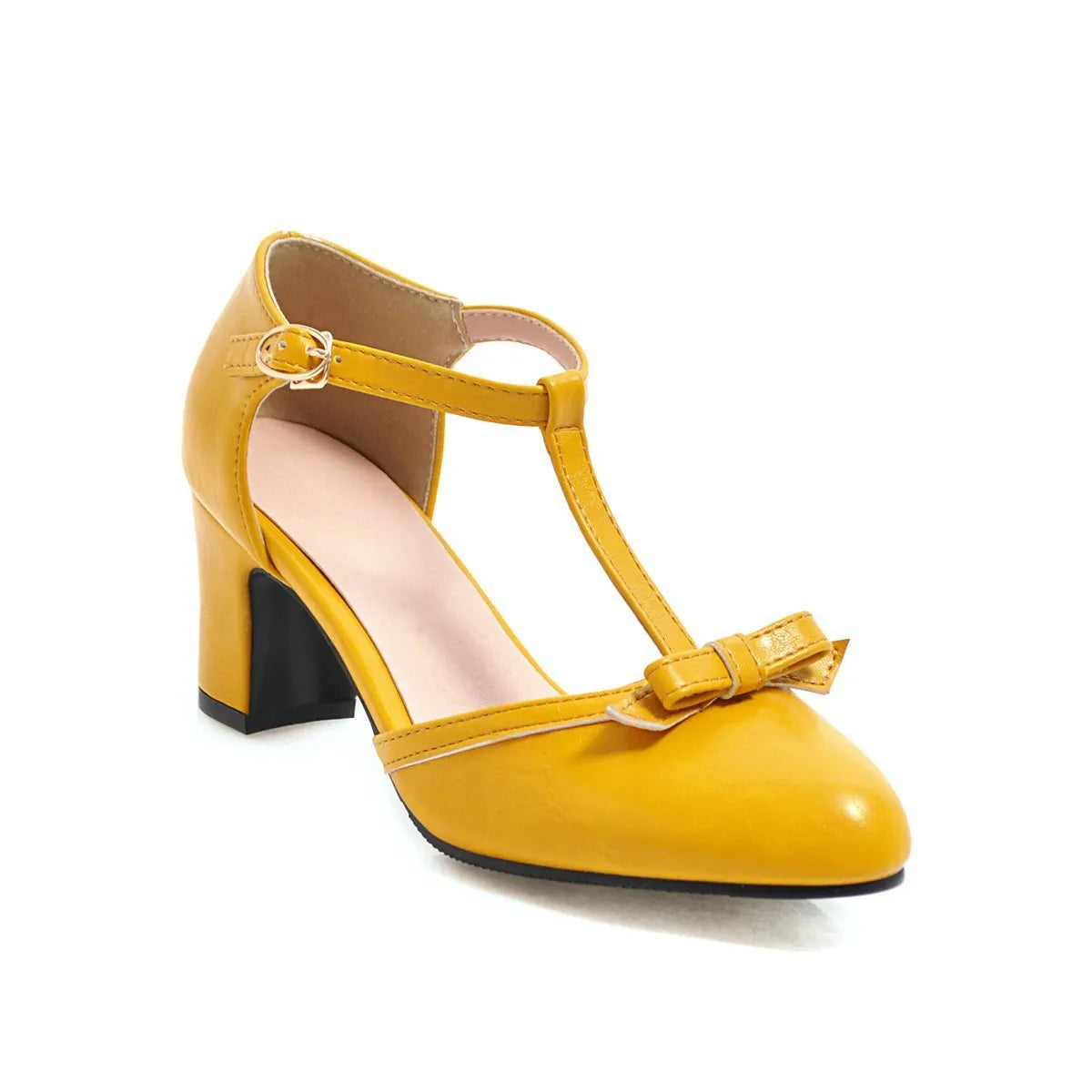 Women's apricot chunky heel sandals with a hollow-out round toe, T-strap buckle, and a black bow detail.