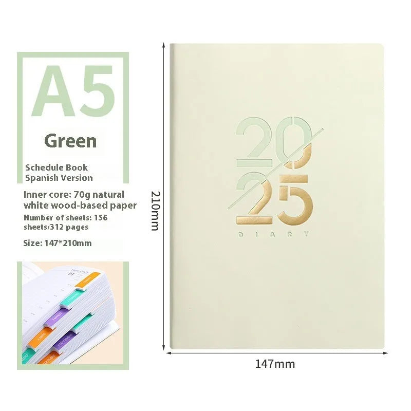 A5 daily planner with soft faux leather cover open to show dot grid pages