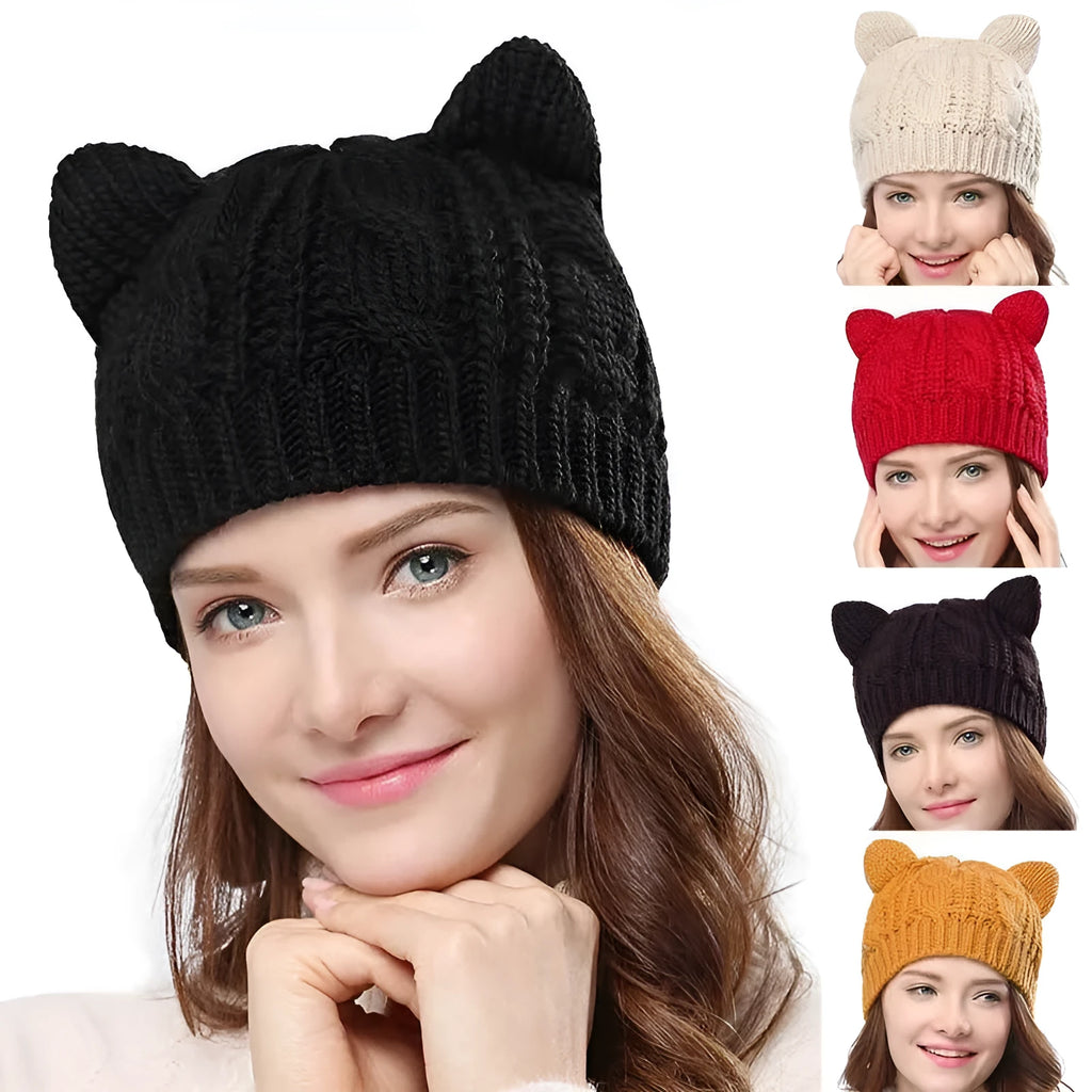 Hand made knitted wool beanie with 3D cat ears in red, black, beige, coffee, or yellow colour