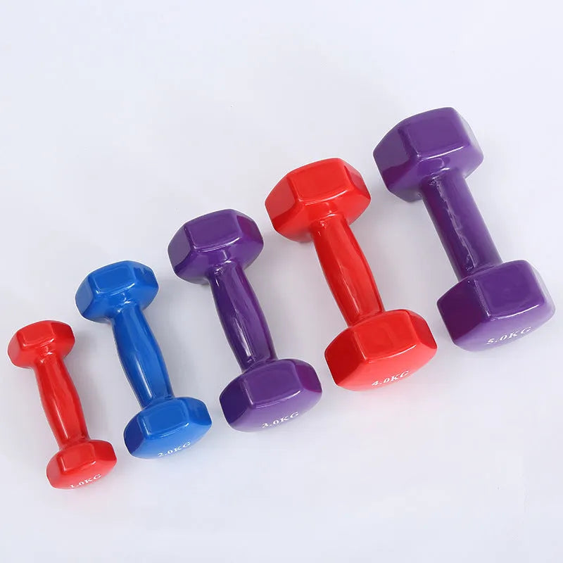 Bright colour plastic-coated fitness dumbbells suitable for home workouts with floor protection