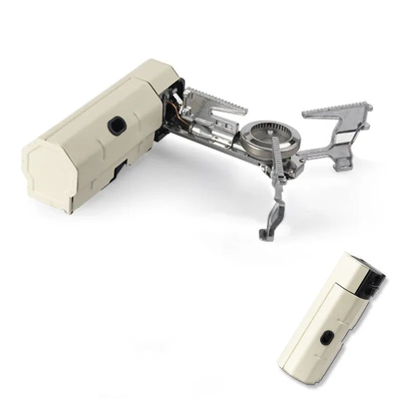 Green portable folding camping gas stove with adjustable valve on a serrated bracket, shown with its storage bag.