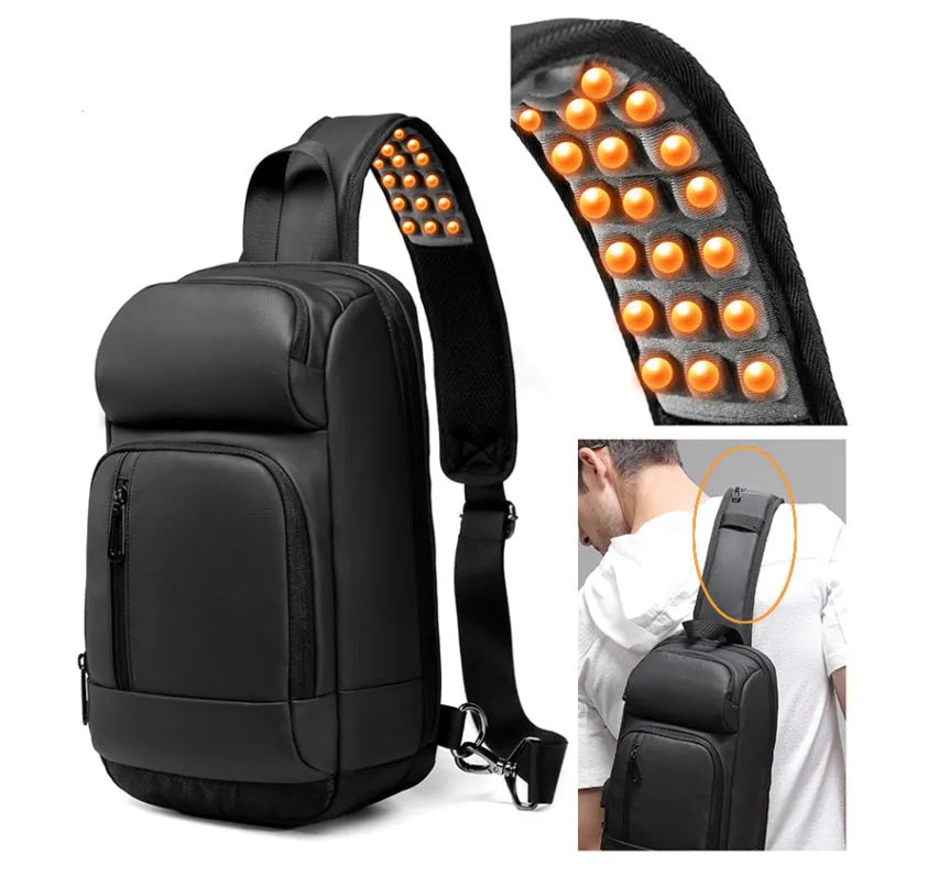 Black PVC outdoor shoulder bag with air cushion strap showing internal laptop and phone compartments