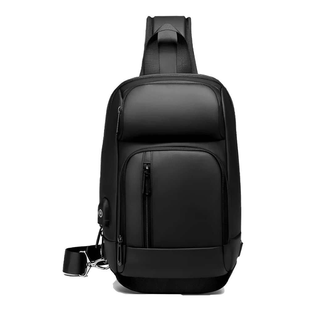 Black PVC outdoor shoulder bag with air cushion strap showing internal laptop and phone compartments