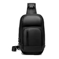 Black PVC outdoor shoulder bag with air cushion strap showing internal laptop and phone compartments