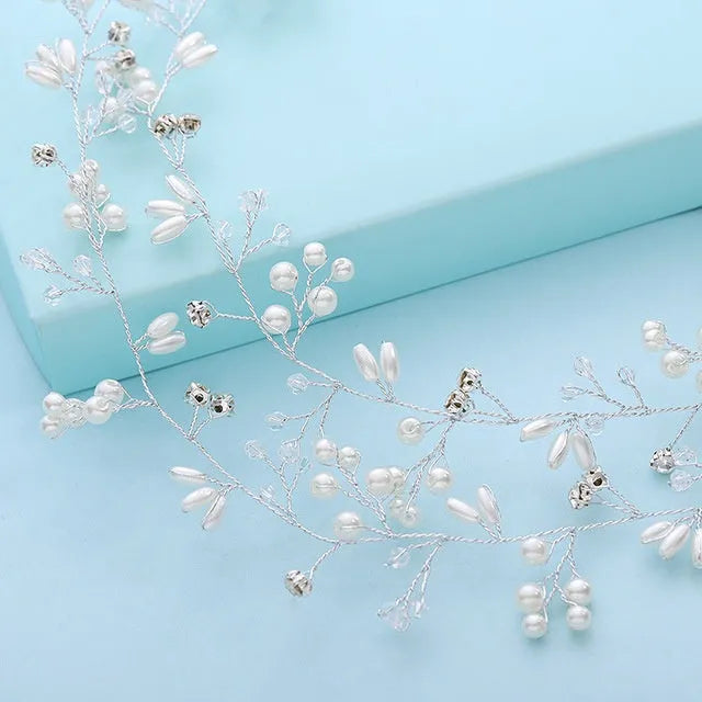 Bridal hair band with crystal and pearl details on copper wire in silver, gold or rose gold