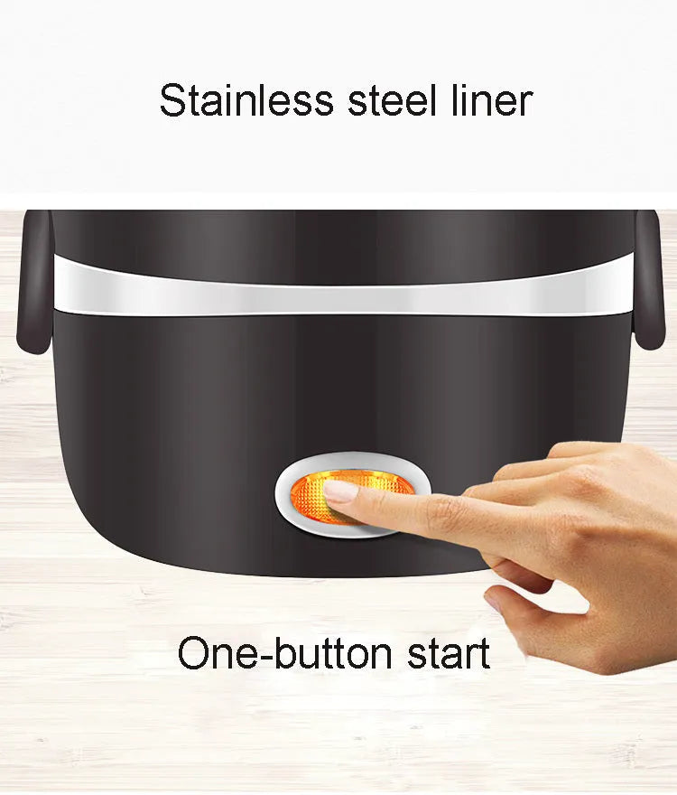 Insulated electric heating lunch box with USB port showing 190mm cube dimensions