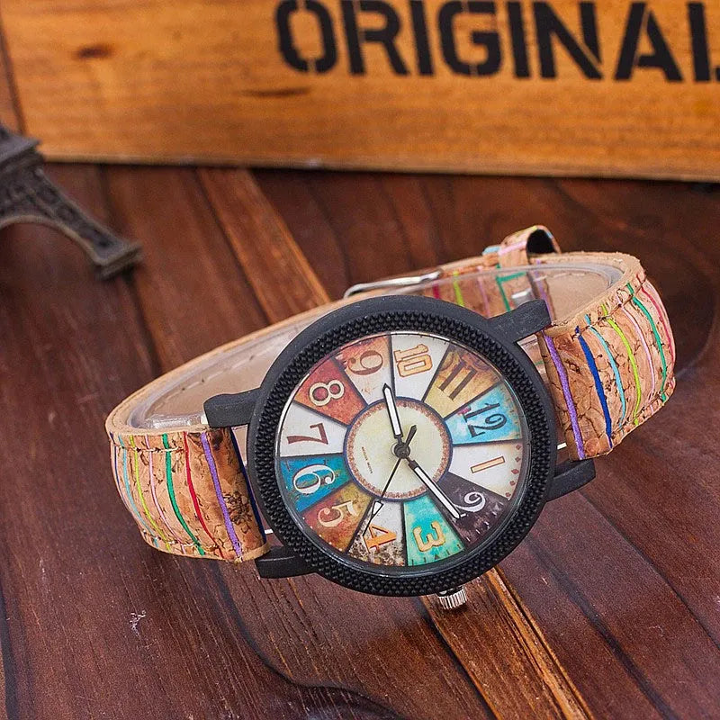 Women's vintage leather quartz watch with 37mm round dial and stainless steel buckle