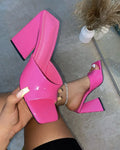 Women's black square toe slippers with a thick triangle high heel