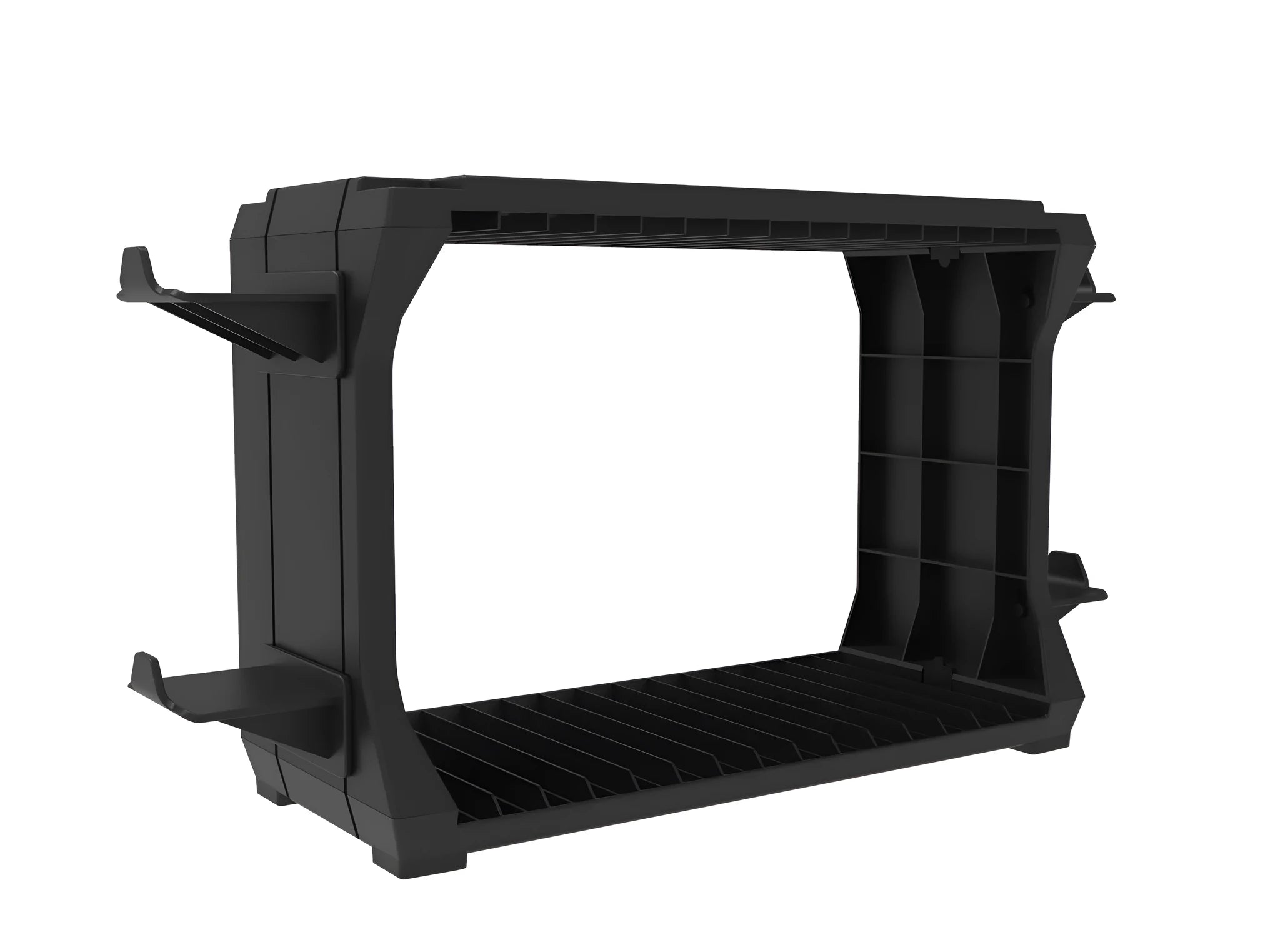 Black PS5 disc holder storing game cases and four controllers for multiple gaming consoles