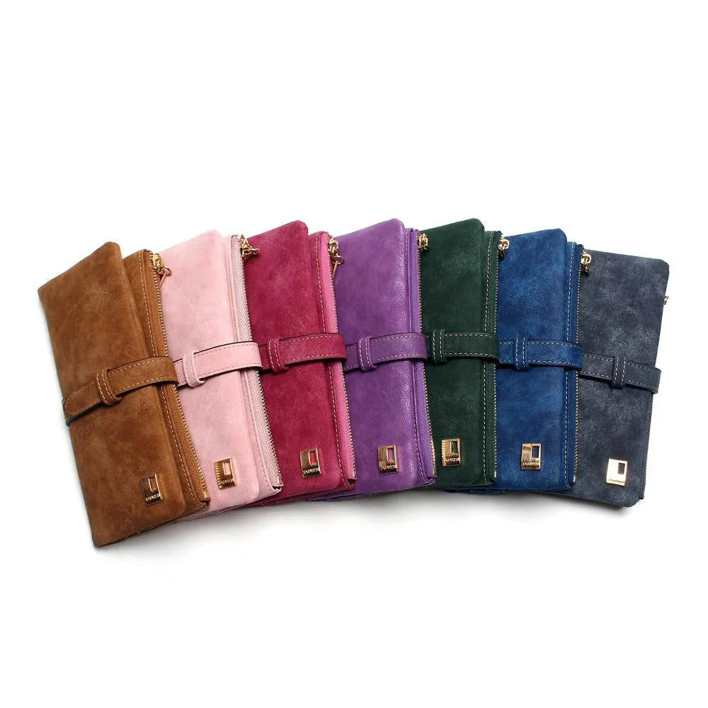 Women's long retro matte Pu leather two-fold zip wallet in vintage style with card slots and coin purse