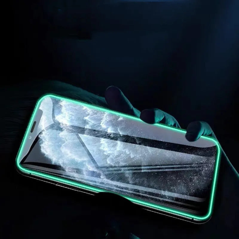Luminous tempered glass screen protector for iPhone glowing in dark with full coverage design