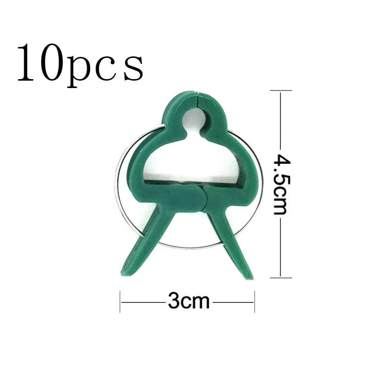 Green plastic and zinc plant support clips, showing large and small sizes for vines and tomatoes.