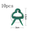 Green plastic and zinc plant support clips, showing large and small sizes for vines and tomatoes.