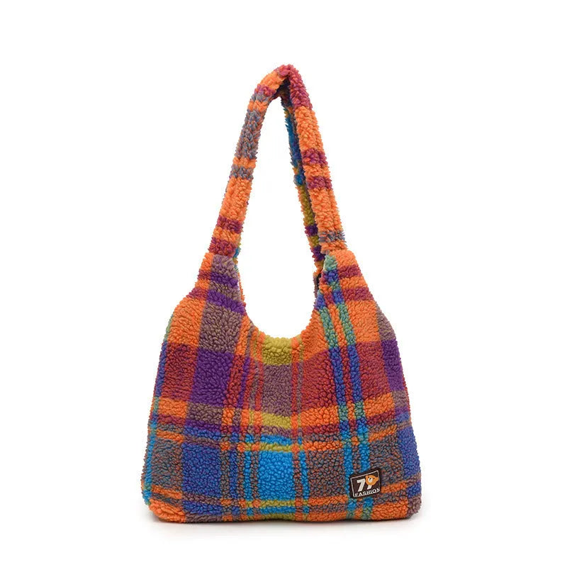 Army green plaid plush women's crossbody tote bag showing large capacity and zip interior.