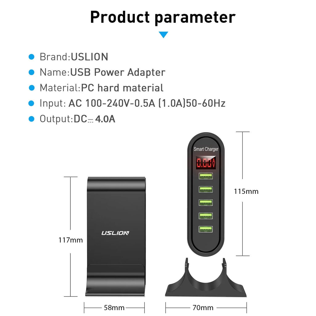 Smart LED digital display USB wall charger in black or white with EU, UK, or US plug.