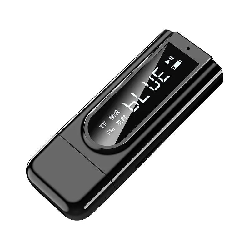 Black USB car FM Bluetooth receiver with USB and AUX input ports for wireless music streaming