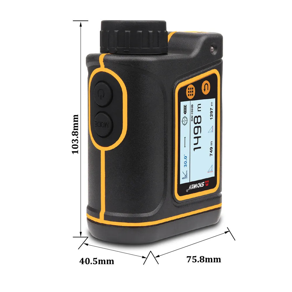 Handheld golf rangefinder measuring 104 x 76.5 x 41 mm with distance measurement display