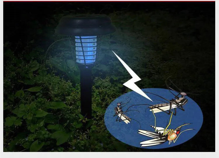 Black solar-powered mosquito killer lamp with white and purple LED lights for garden insect control.