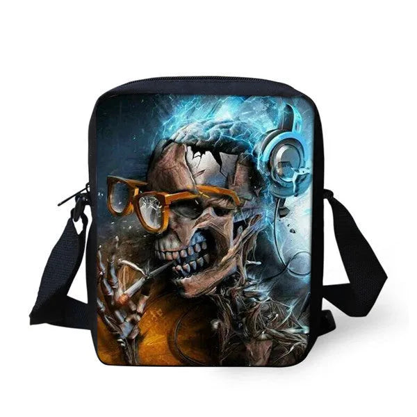 A medium-sized black children's messenger bag with a white skull graphic, showing the double straps and front zipper pocket.