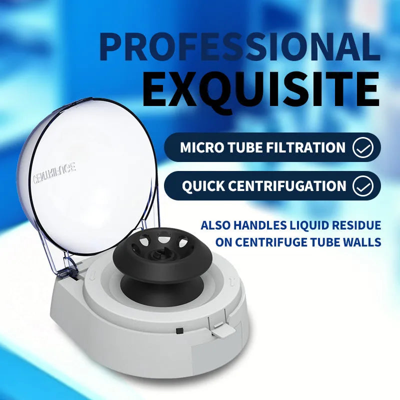 Small white mini centrifuge laboratory body with 7000 RPM specification and compact dimensions on a lab bench