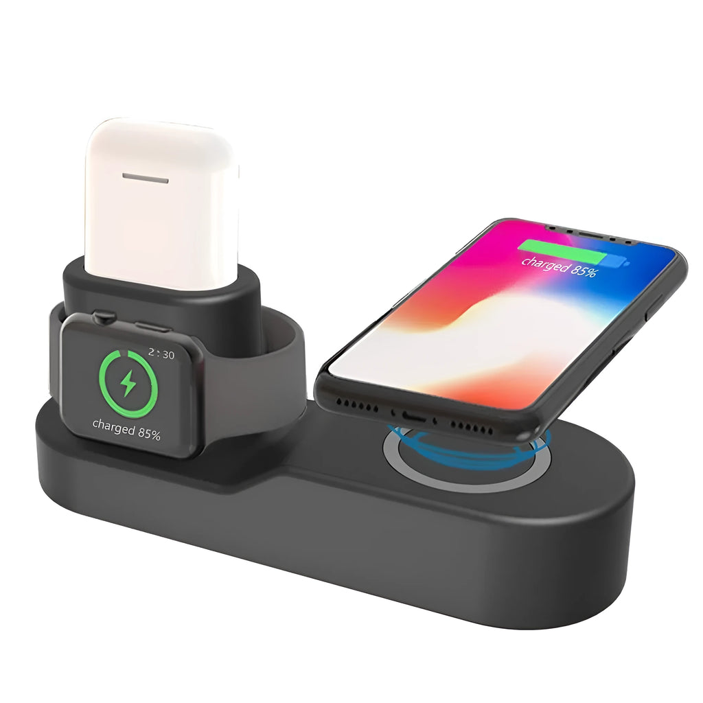 Black W3 three-in-one wireless charger for Apple iPhone, Watch and AirPods on a desk