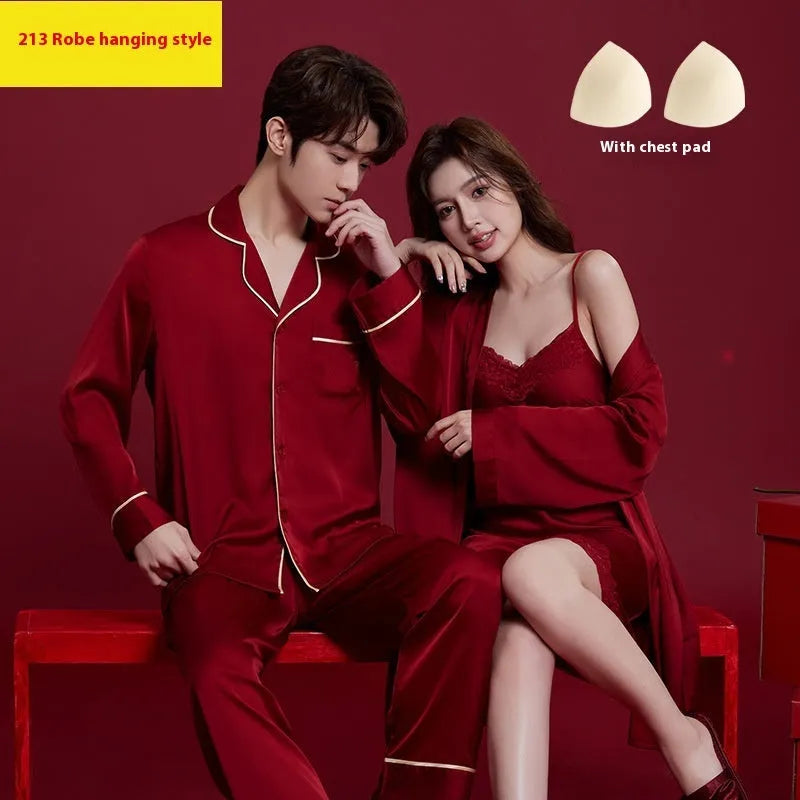Red festive ice silk wedding dowry suit set for men and women with long sleeves and trousers