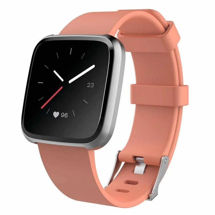 Fitbit Versa Lite replacement wrist strap showing colour options including black, blue, purple, red, and yellow