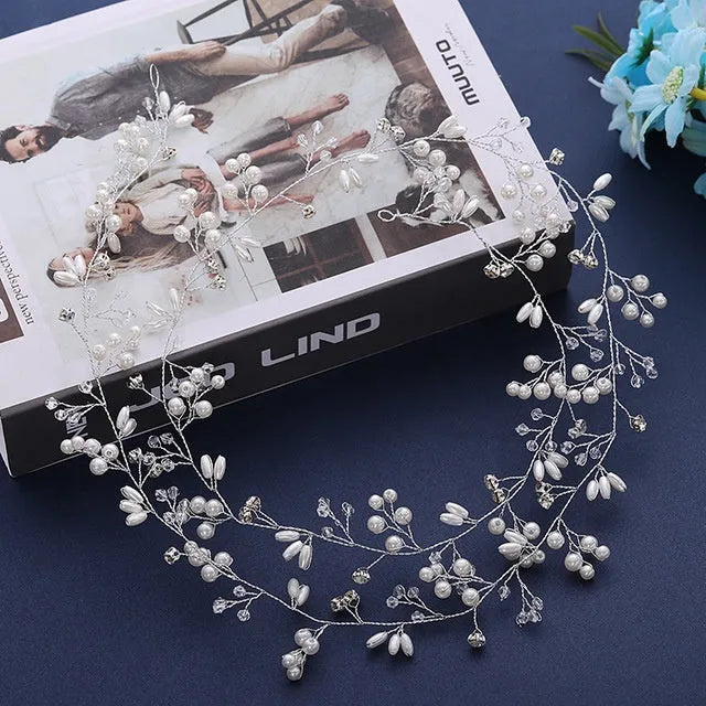 Bridal hair band with crystal and pearl details on copper wire in silver, gold or rose gold