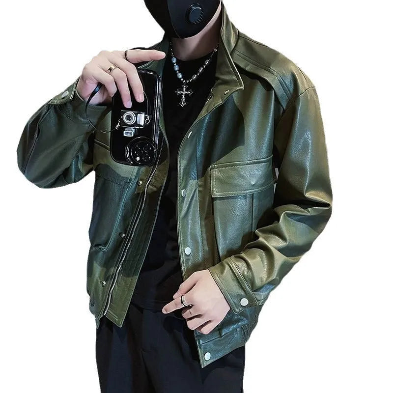 Men's black Korean style PU leather jacket with side pockets and polyester lining