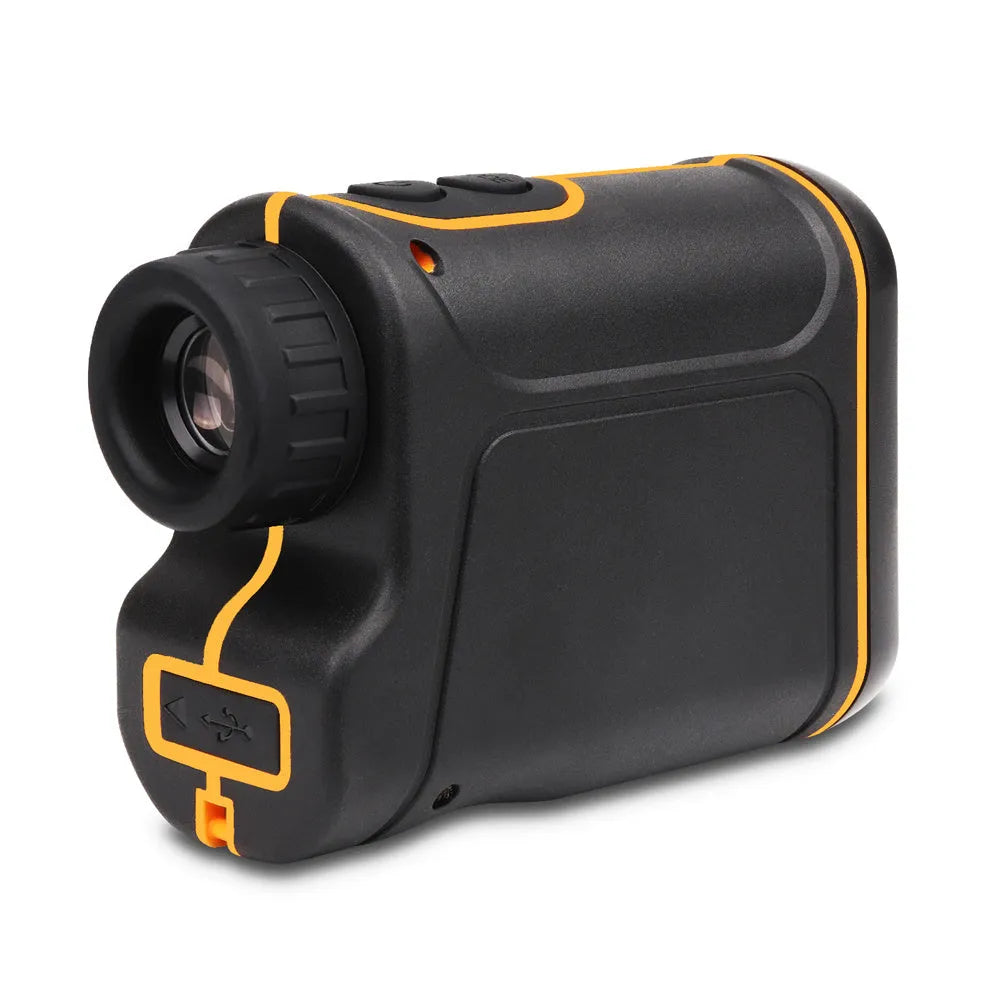 Handheld golf rangefinder measuring 104 x 76.5 x 41 mm with distance measurement display