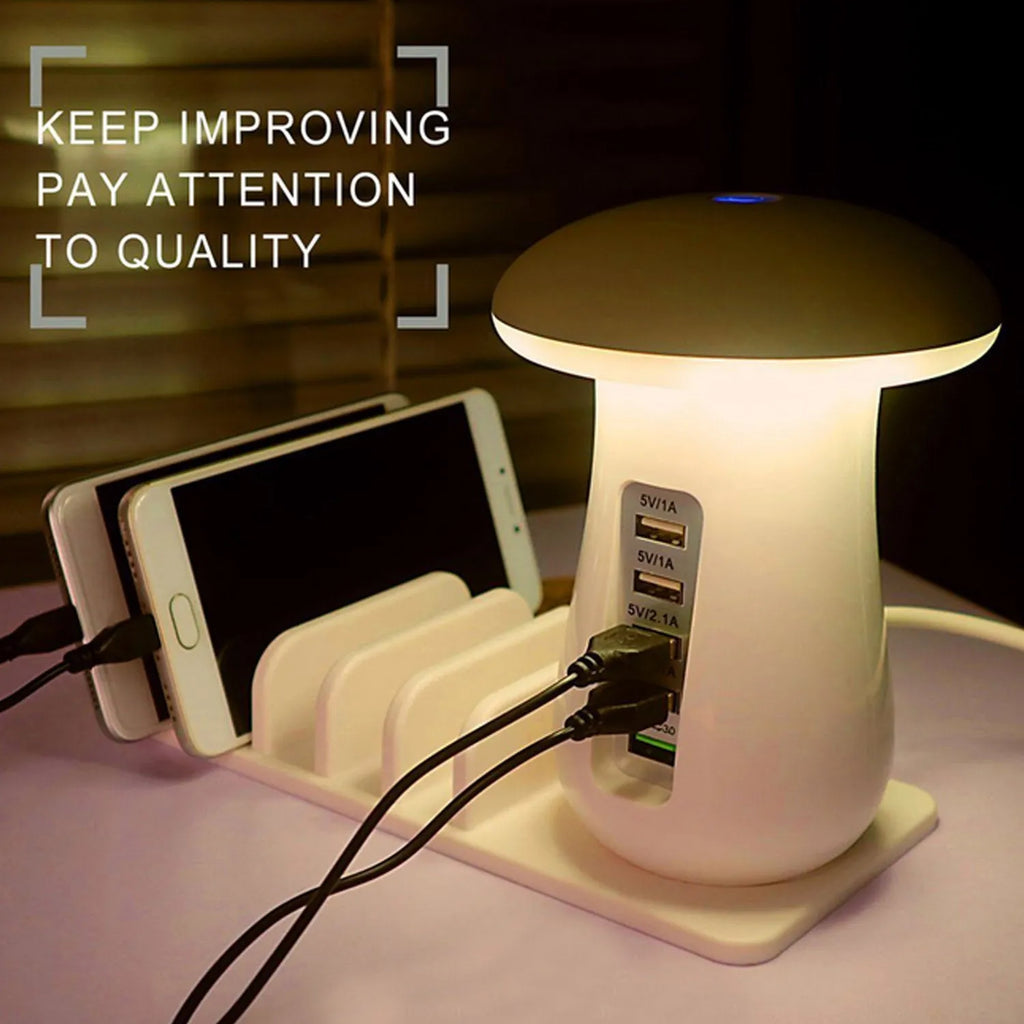 Besegad mushroom-shaped white LED desk lamp and USB charging station with five ports