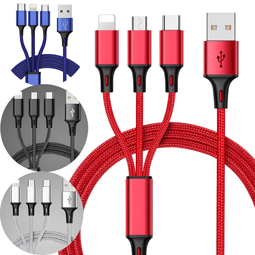 Braided 3-in-1 universal USB data cable in multiple colours, showing iPhone, Android, and Type-C connectors.