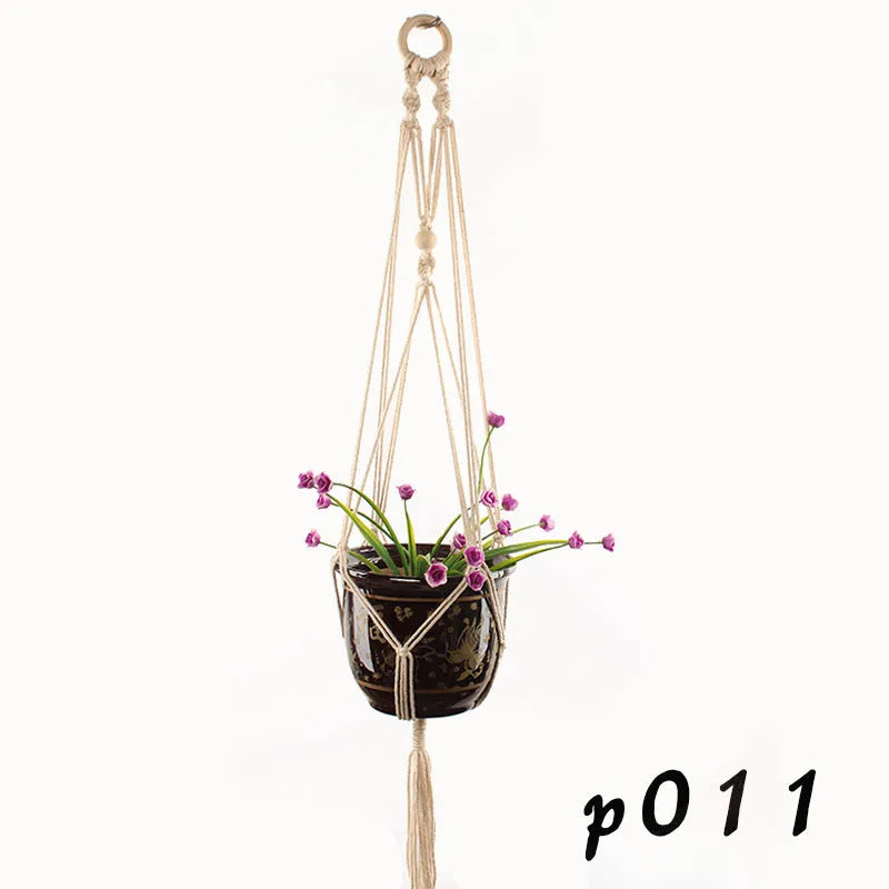 Cotton rope woven wire plant basket shown in desktop, wall hanging, and hanging basin styles.
