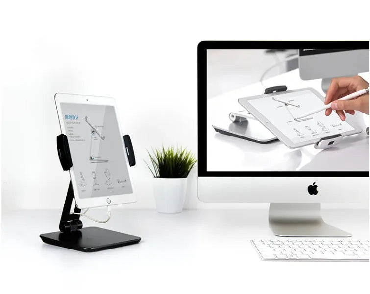 Folding desktop phone tablet stand in silver with 360-degree rotation feature