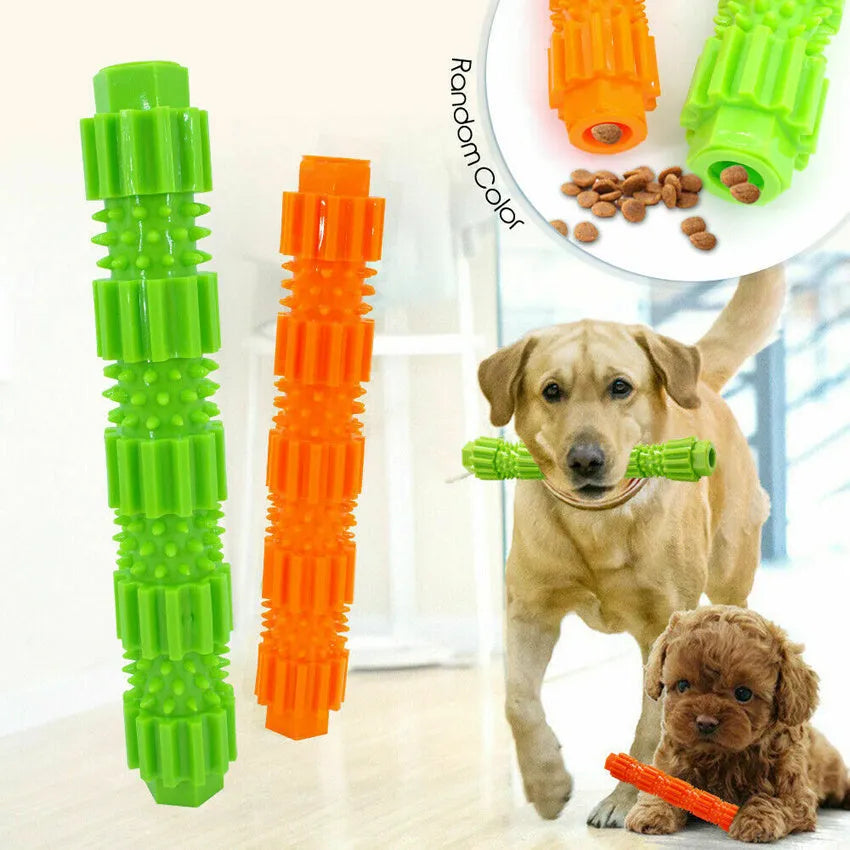 Green and orange natural rubber dog chew toy with treat dispensing hole