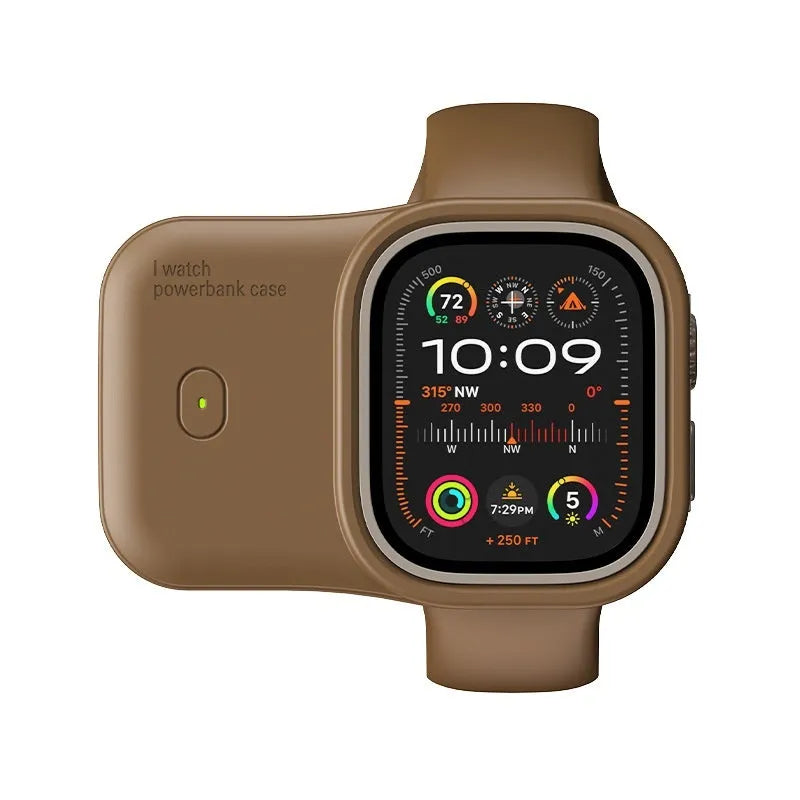Apple Watch portable wireless charging power bank with silicone case in brown, midnight blue, or starlight colours