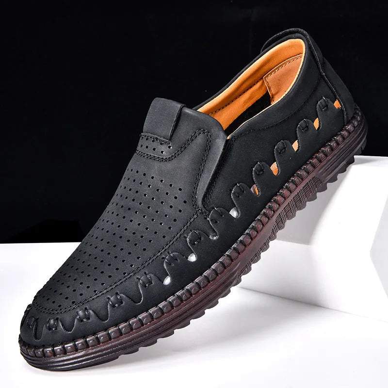 Men's brown hand-sewn PU slip-on casual shoes with a flat sole and round toe.