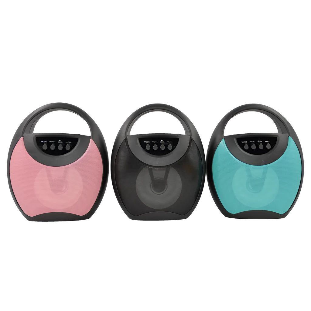 Portable Bluetooth speaker in black, blue, or pink with USB and SD card slots.