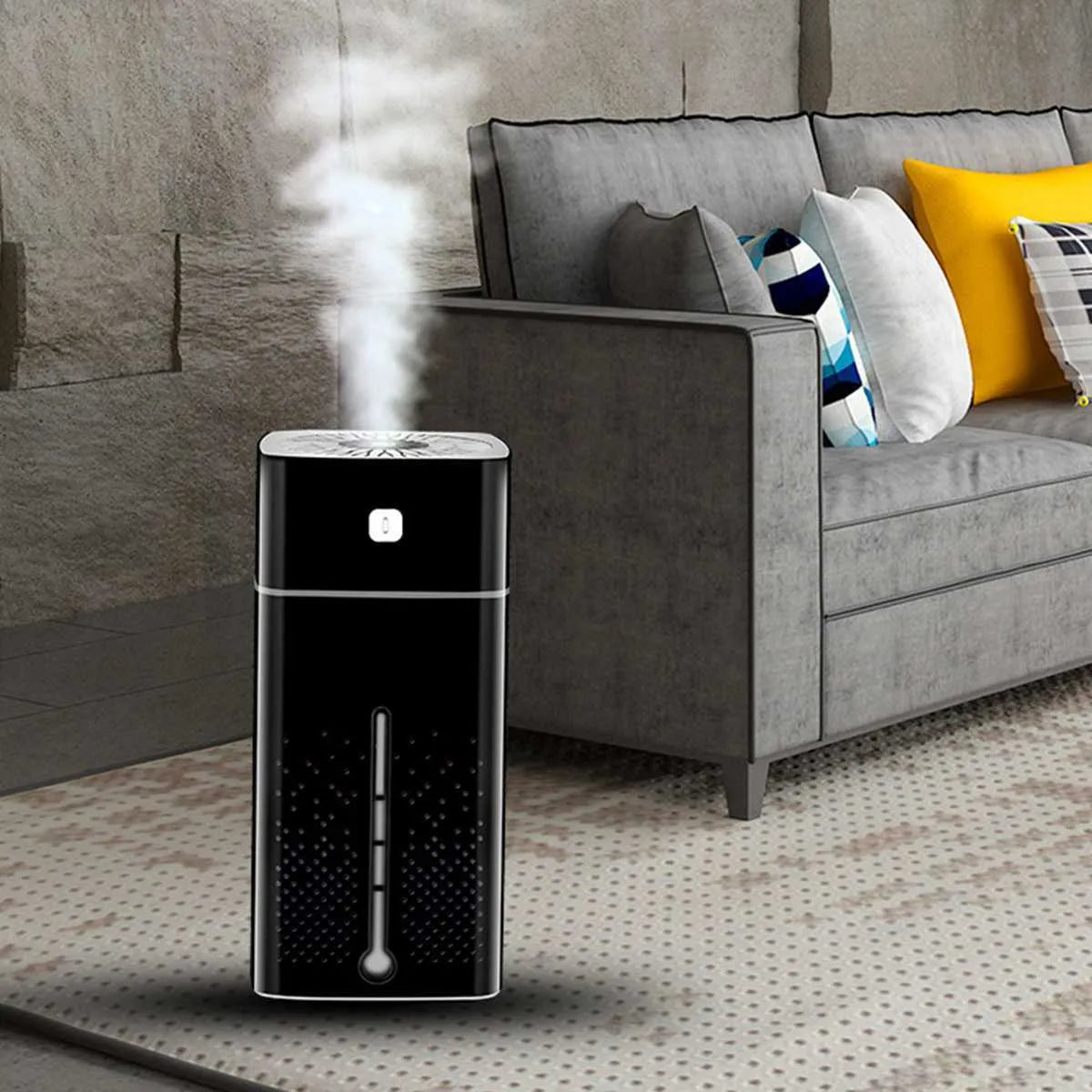 Black and white desktop ultrasonic humidifier with USB cable, 1000ml tank, dimensions 103x103x218mm.