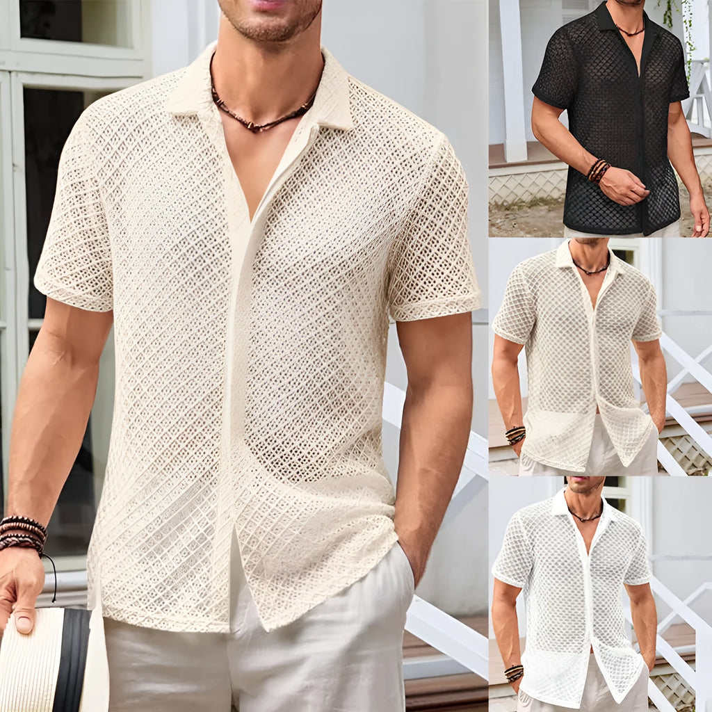 Men's short sleeve lapel collar shirt in cotton blend fabric available in multiple colours
