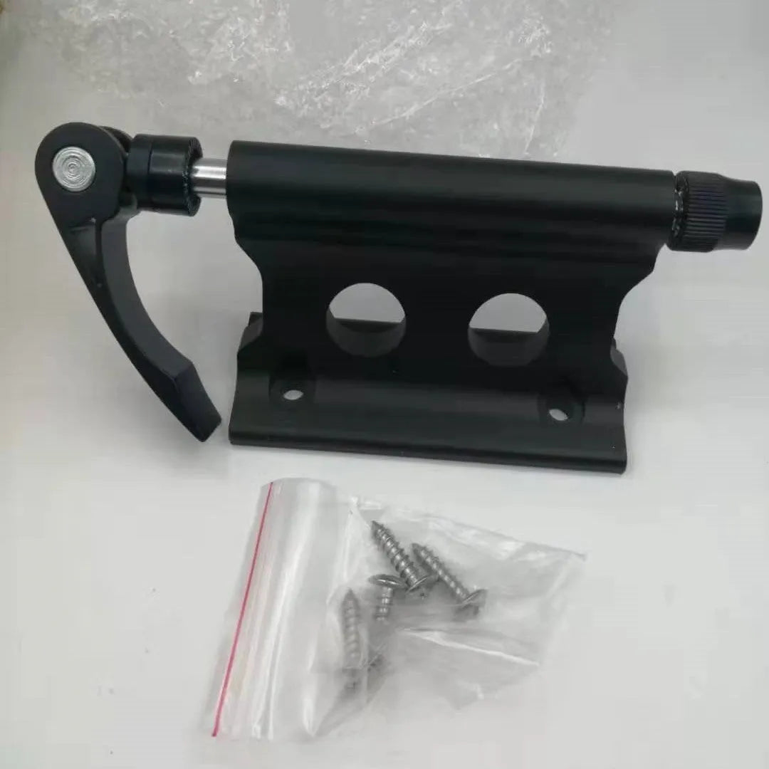 Silver metal quick release bicycle clamp for front fork accessory mounting.