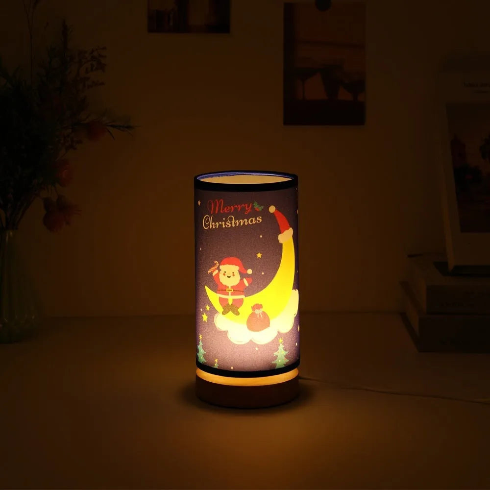 Moon Santa Claus shaped LED night light with USB plug cable and bamboo lamp holder.