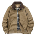 Men's plus size washed cotton baseball-style flight jacket in army green.
