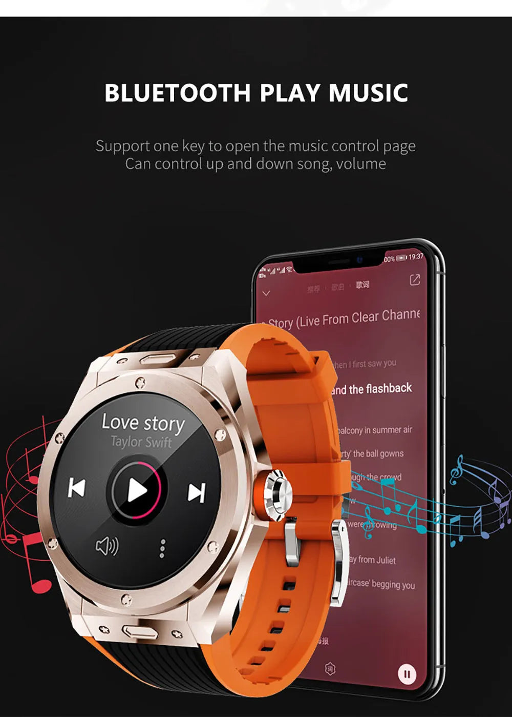 MV58 black Bluetooth smart watch with sporty silicone strap on a wrist, showing health metrics on screen.