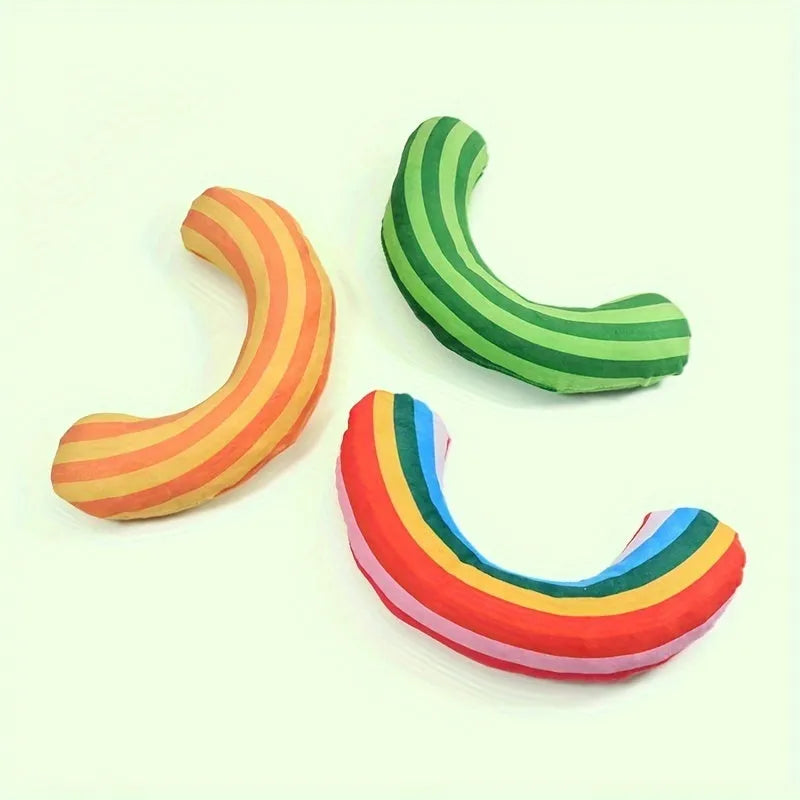 Striped pattern cat pillow toy with noise maker and catnip strip, shown in green colour.