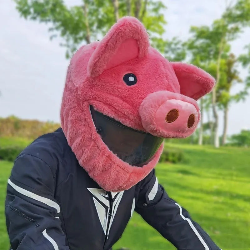Pink cartoon pig plush hood for motorcycle helmet protection made from PV velvet cloth.