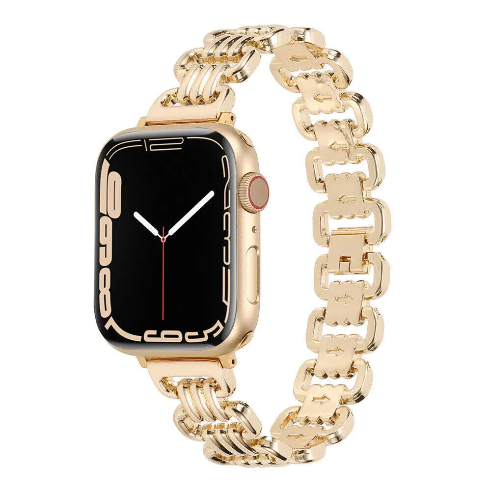 Alloy metal Apple Watch replacement bracelet in silver, black, gold, rose gold, and Starlight colours.